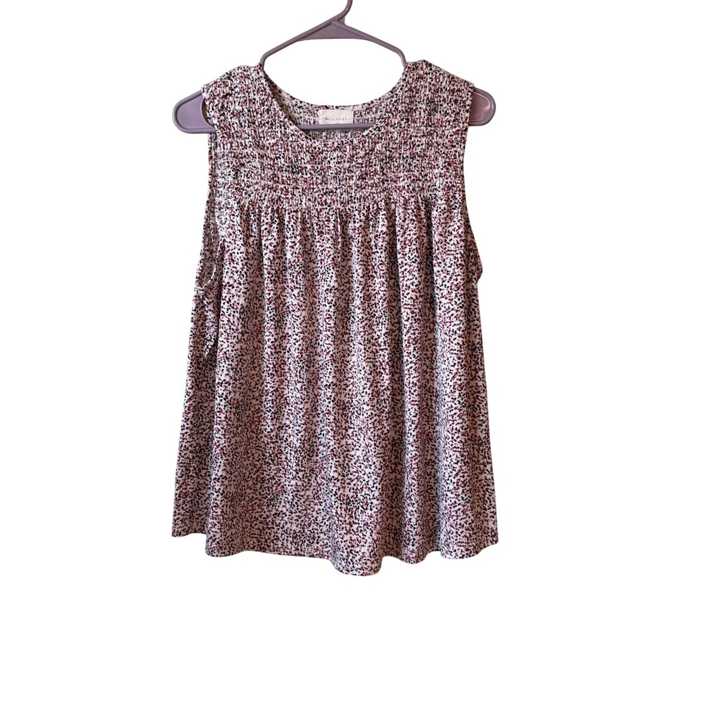 Melloday Womens XL Sleeveless Smocked Yoke Blouse Rust Black Micro Print Top